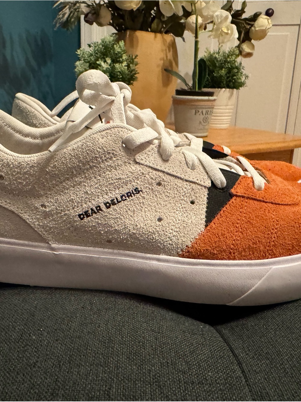 Jordan White, Orange & Black Suede Low-Top Sneakers